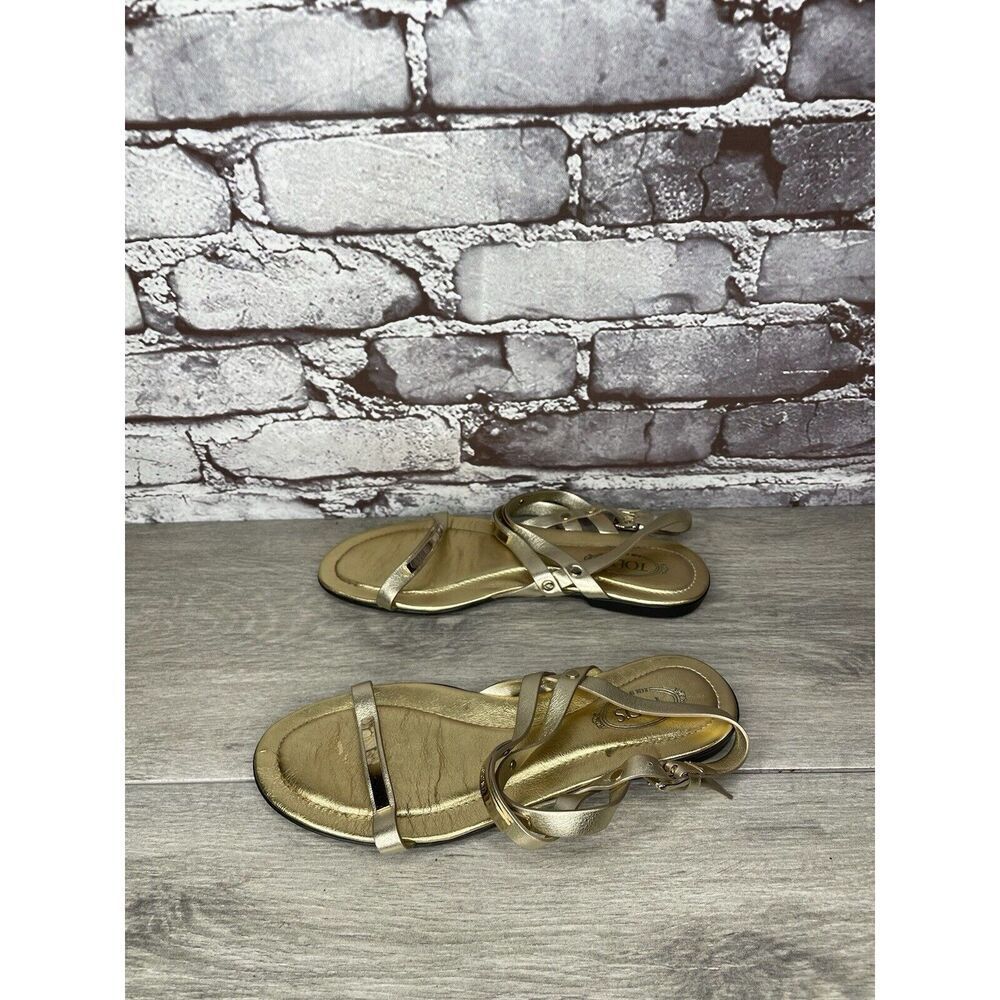 Tods Gold Leather Open Toe Ankle Strap Flats Sandals Women’s Sz 35EU/5M US